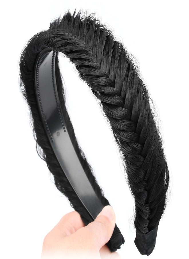 DIGUAN Fishtail Messy Braid Wide Braided Headband with Teeth Synthetic Hair Plaited head bands Chunky Hairpiece for Girls Women (Natural Black, Wide) - Image 4